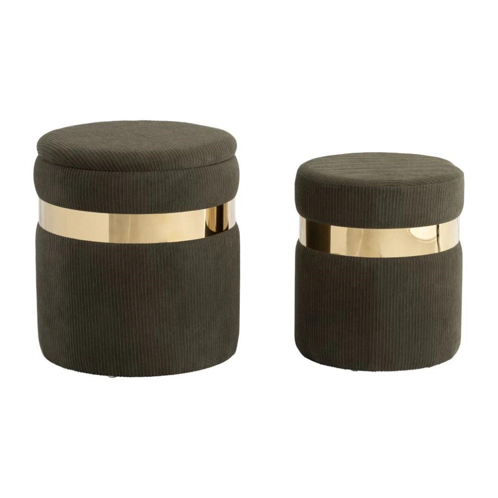 Two olive green stools with gold bands.