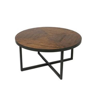 Round wooden table with metal legs and a geometric design.