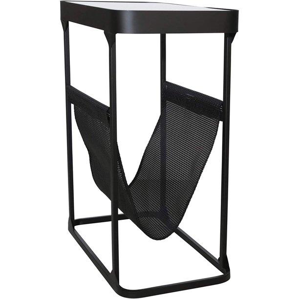Modern black metal magazine rack with mesh sling.