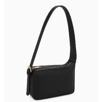 Black rectangular handbag with a broad shoulder strap and gold zipper.