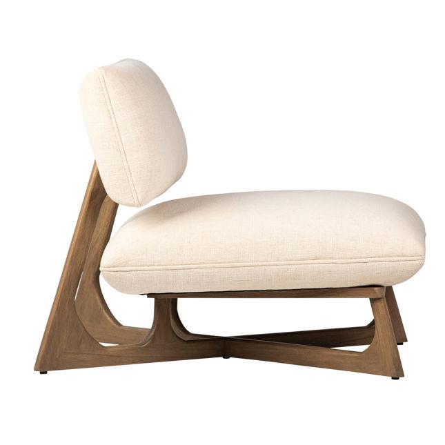 Beige cushioned chair with wooden geometric frame, side view.