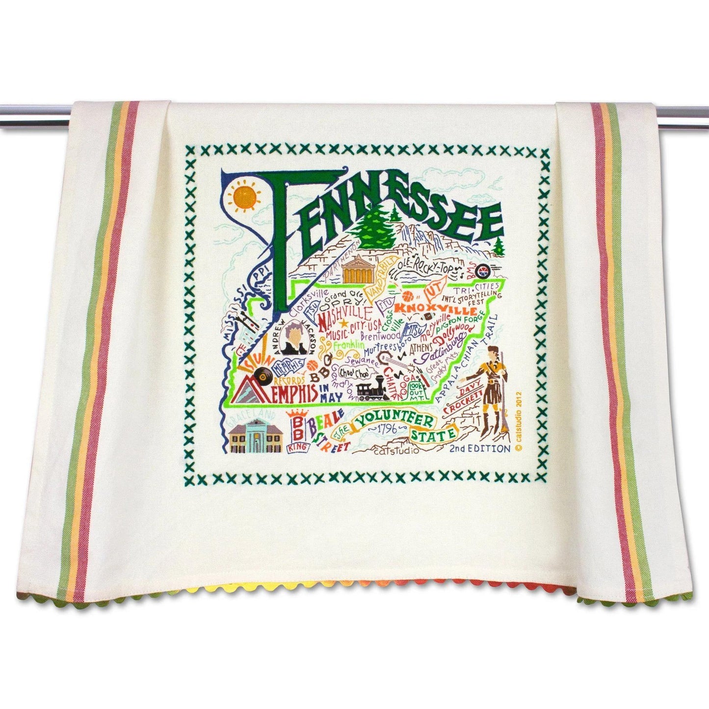 Tennessee-themed towel with vibrant illustrations and text.