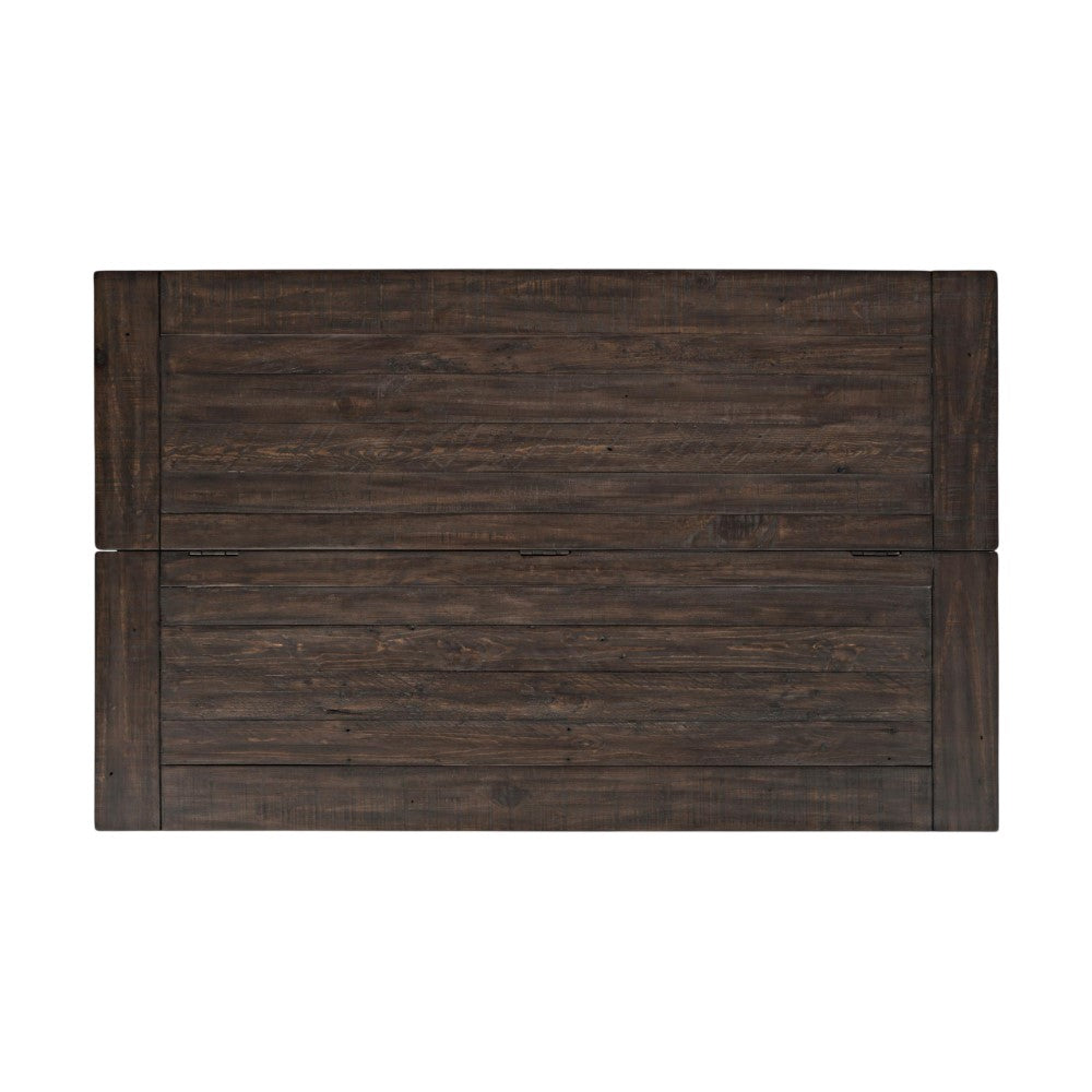 Dark wooden table with visible grain, rectangular shape.