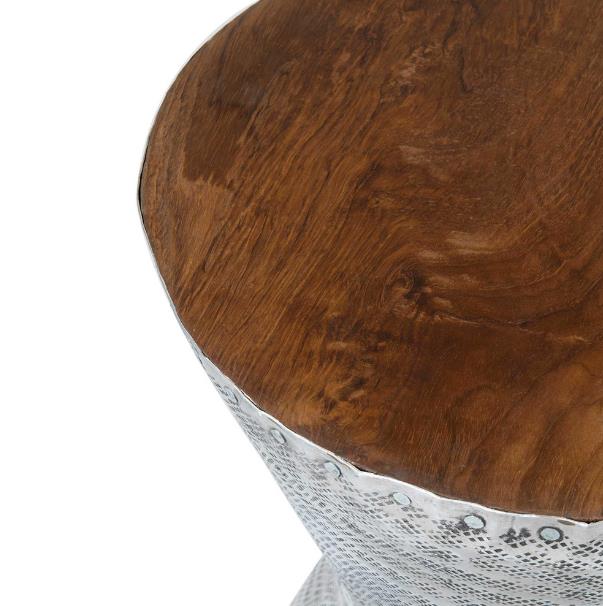 Wooden-topped stool with a decorative metal base.