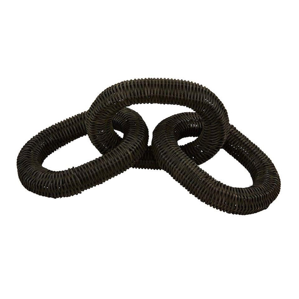 Interlocking woven dark brown loops on a white background.