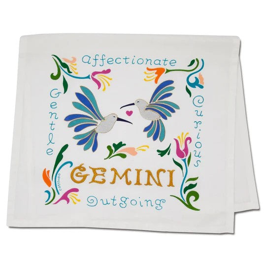 Colorful Gemini design with birds and descriptive words.