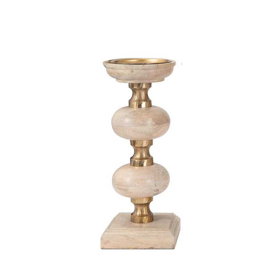 Elegant candlestick with gold accents and a wooden base.