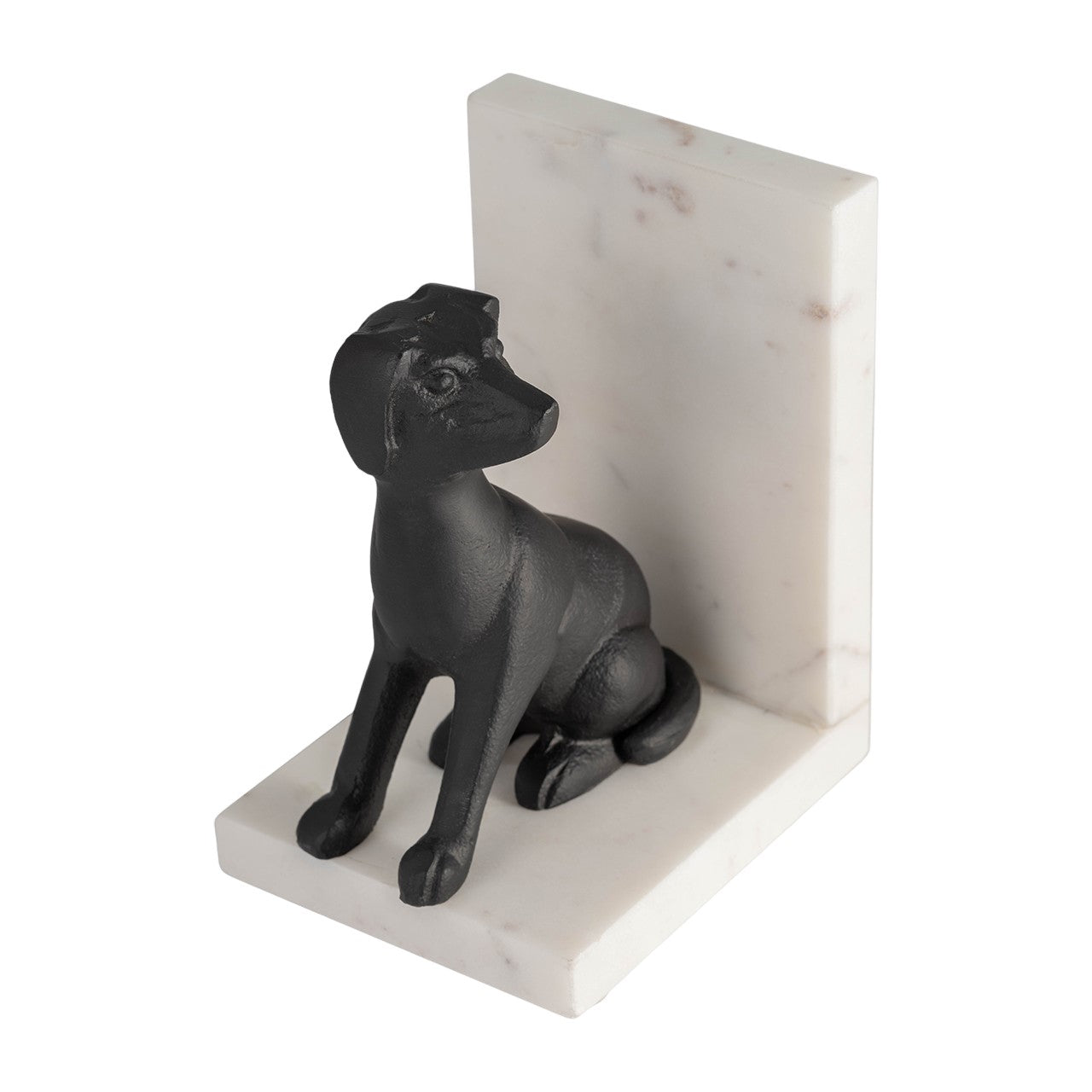 Black dog figurine on marble bookend.