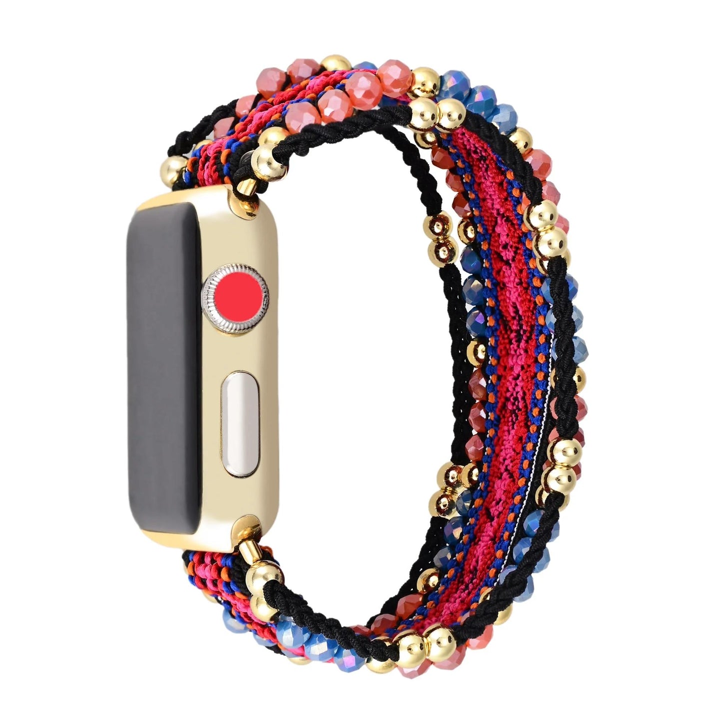 Smartwatch with colorful, beaded strap in red, blue, gold, and black tones.