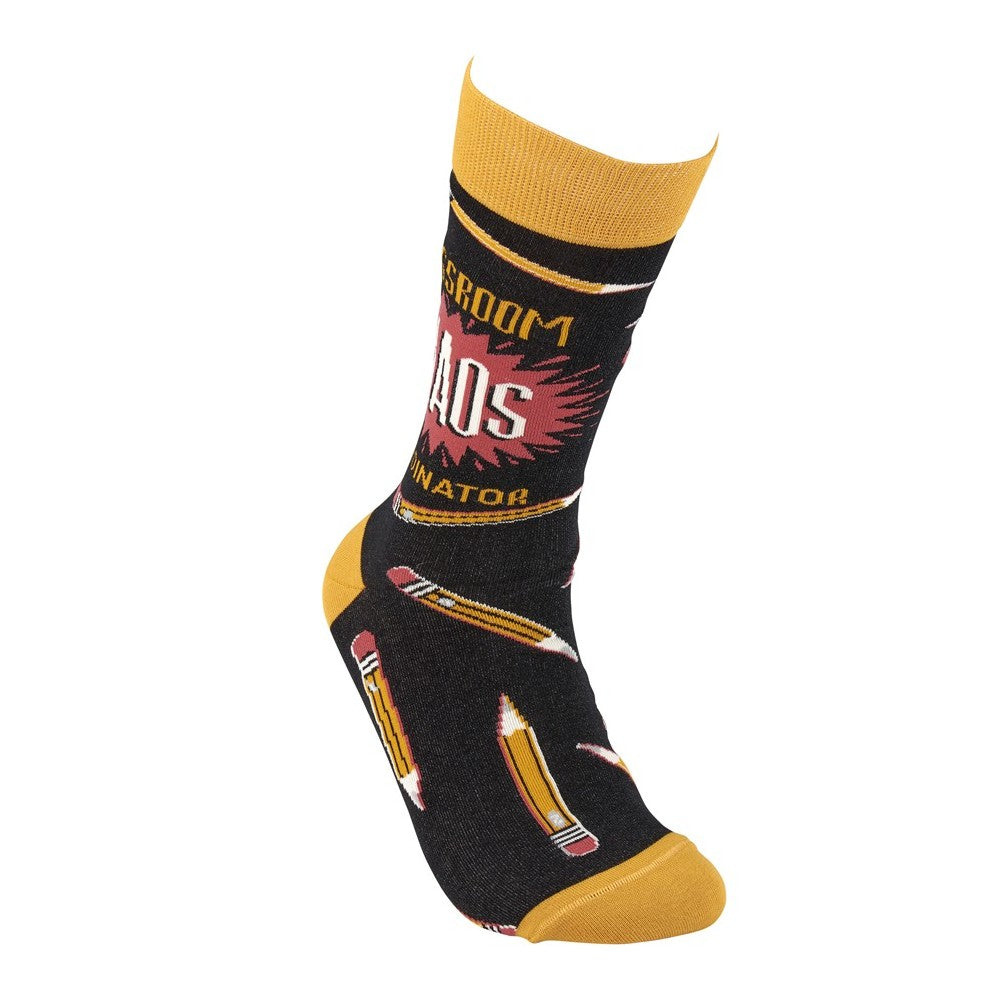 Black sock with pencil images and yellow accents.