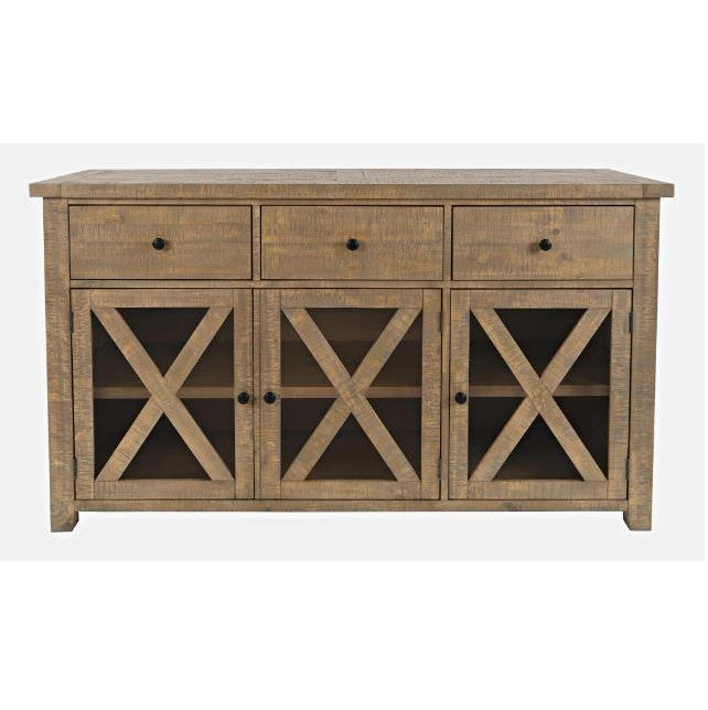 Rustic wooden sideboard with three drawers and cross-patterned cabinet doors.