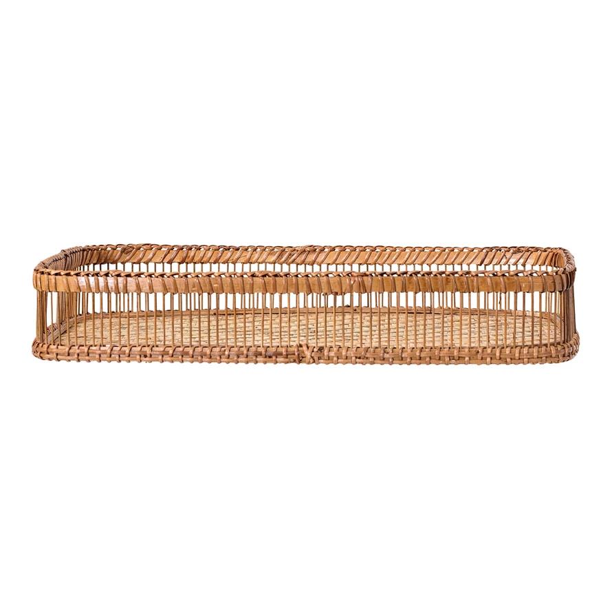 Rectangular wicker tray with open weave design.