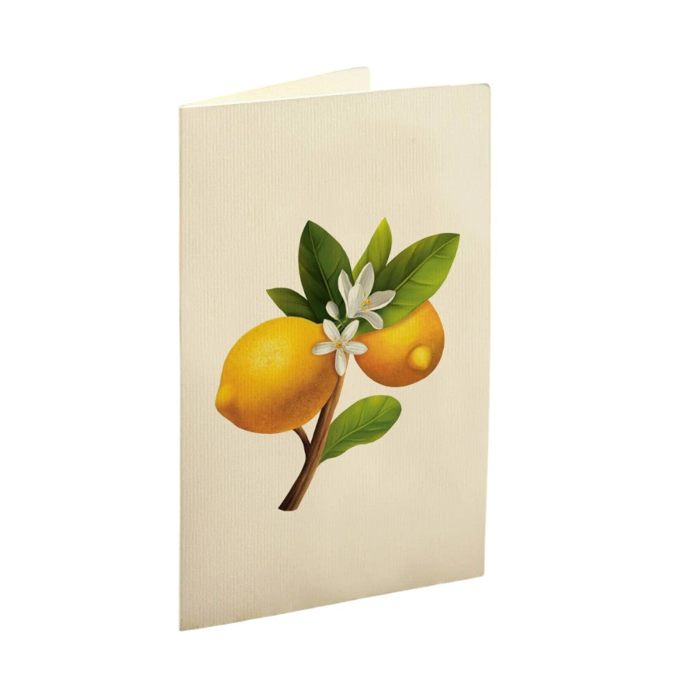 Card with lemons, flowers, and leaves on a light background.