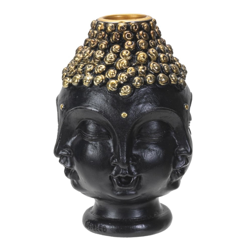 Black multi-faced Buddha sculpture with gold details.