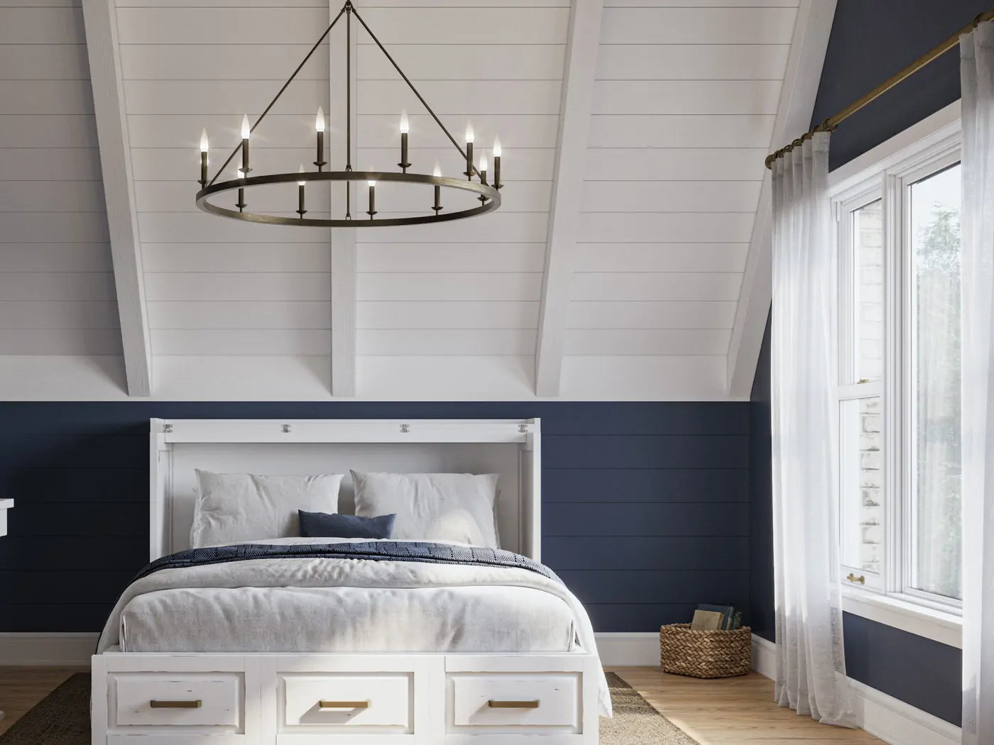 White Saugatuck cabinet bed open as a Queen bed in an attic bedroom