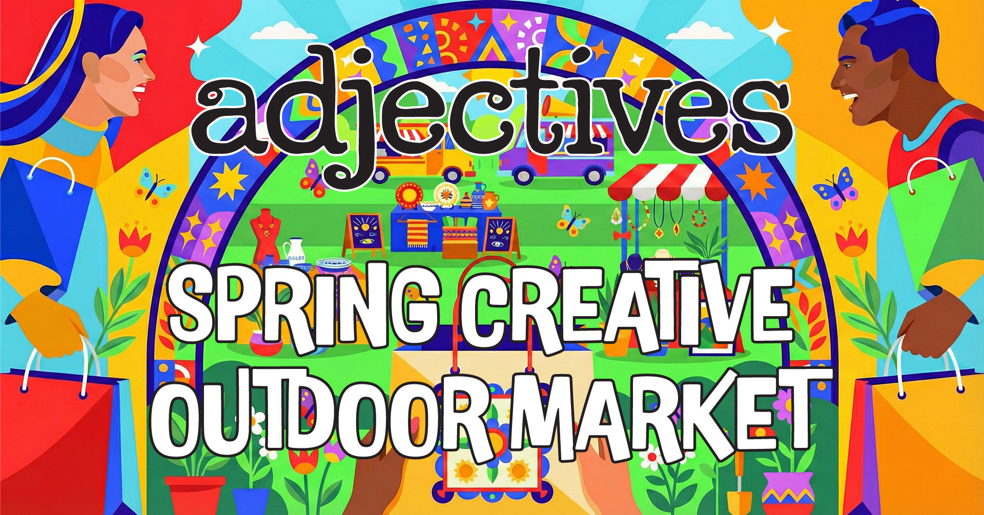 Adjectives Creative Market Illustration featuring excited people and holiday imagery