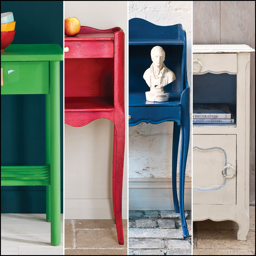 Four nightstands painted in different Annie Sloan Chalk Paint colors - Antibes Green, Emperor's Silk, Aubusson Blue, and Old White