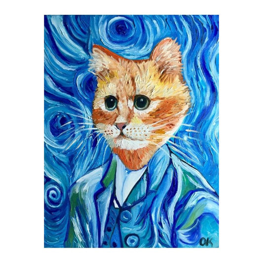 Picture of "Cat La Van Gogh on Blue Swirls" Wood Block Art Print