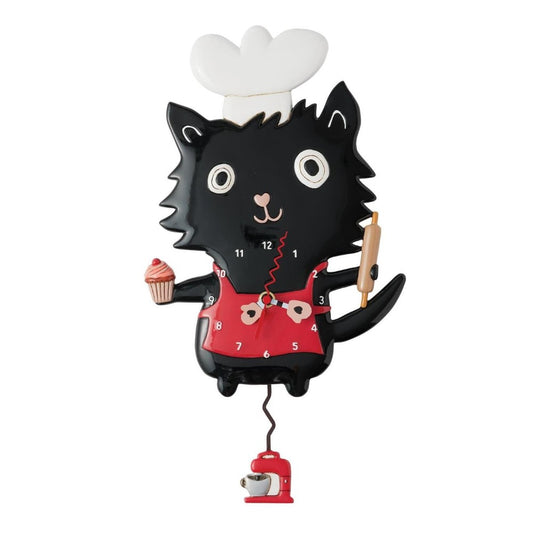Cat clock with a chef hat, holding a cupcake and a rolling pin.