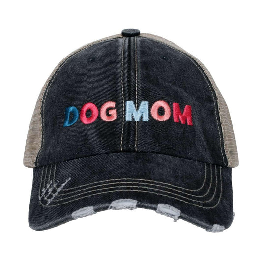Distressed cap with "DOG MOM" in colorful letters.