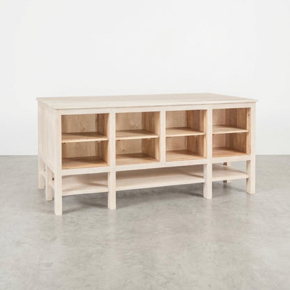 Wooden storage bench with shelves and a natural finish.