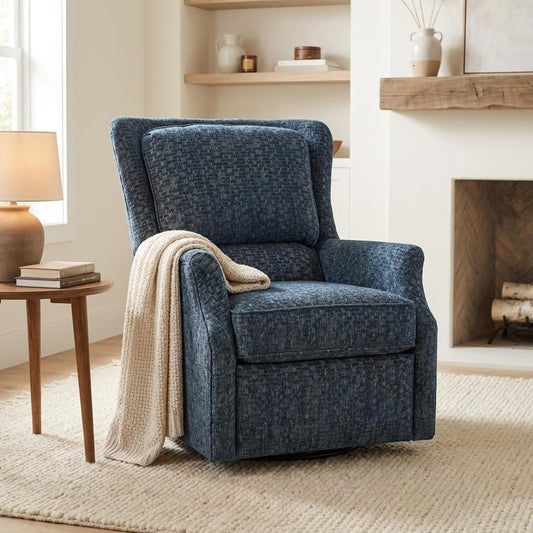 Blue armchair with a cozy white blanket in a stylish living room.