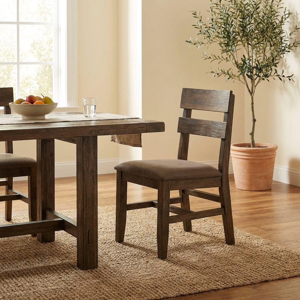 Wooden chair with cushioned seat and slatted backrest.