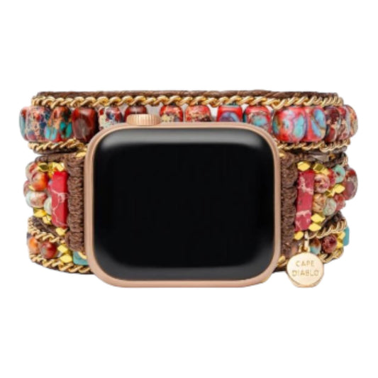 Smartwatch with a colorful beaded band and gold chain accents.