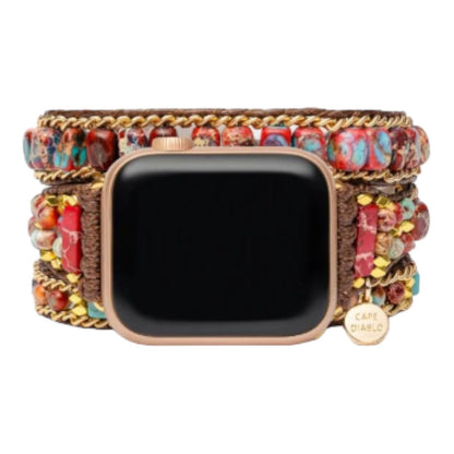 Smartwatch with a colorful beaded band and gold chain accents.