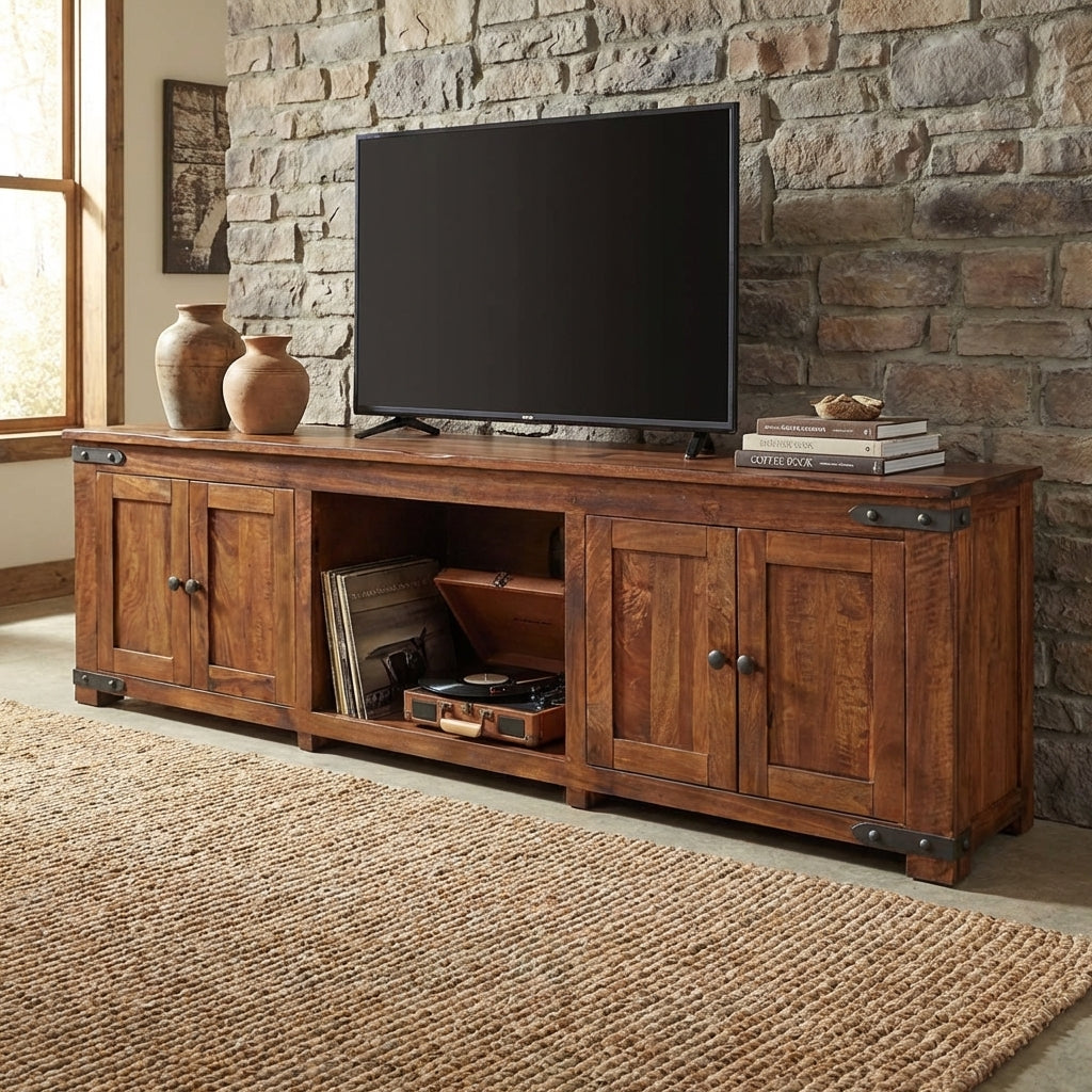 Wooden TV stand with cabinets and shelves, metal accents.