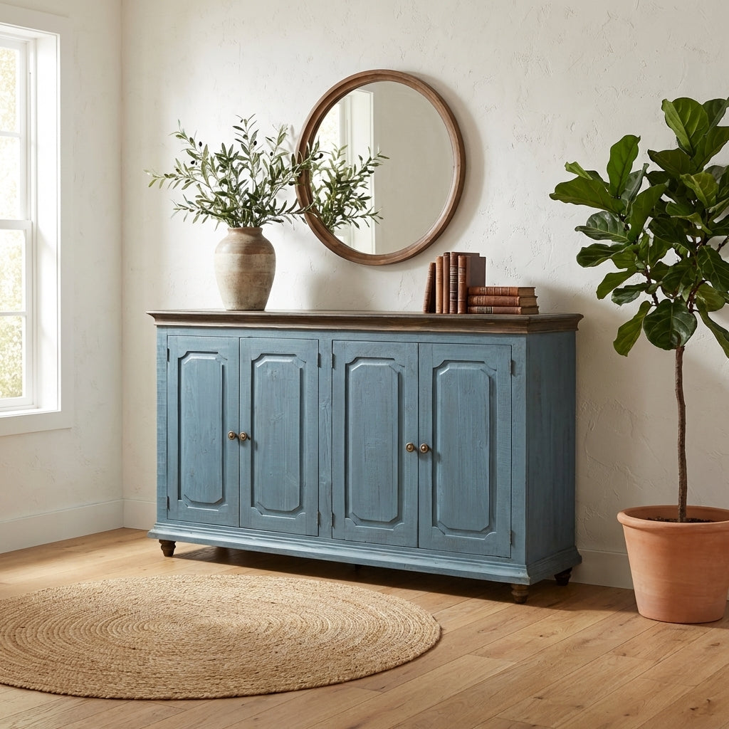Blue vintage cabinet with four doors and bronze handles.