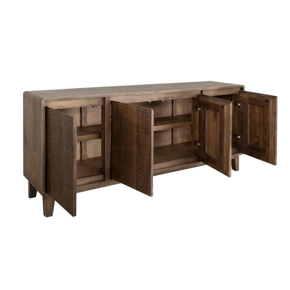 Wooden sideboard with open doors showing shelves inside.