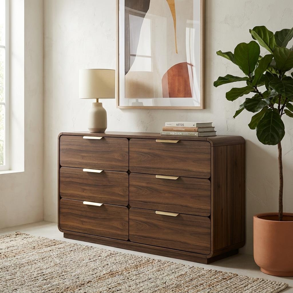 Wooden dresser with lamp, books, artwork, and a potted plant beside it.