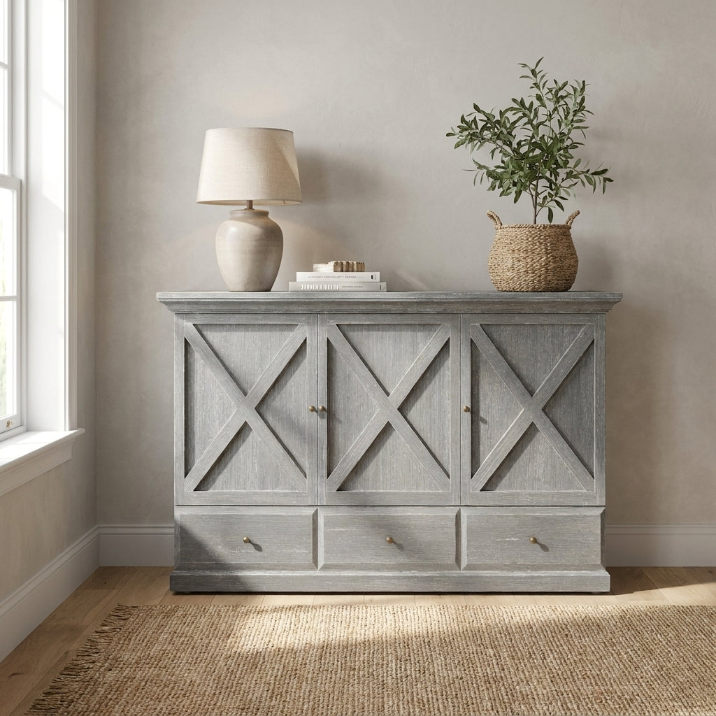 Gray cabinet with a lamp, books, and a plant, next to a window.