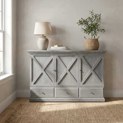 Gray cabinet with a lamp, books, and a plant, next to a window.