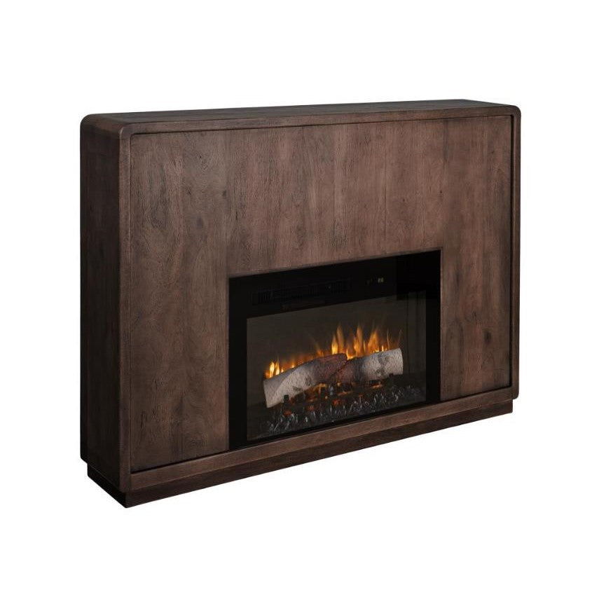 Wooden electric fireplace with a modern design.