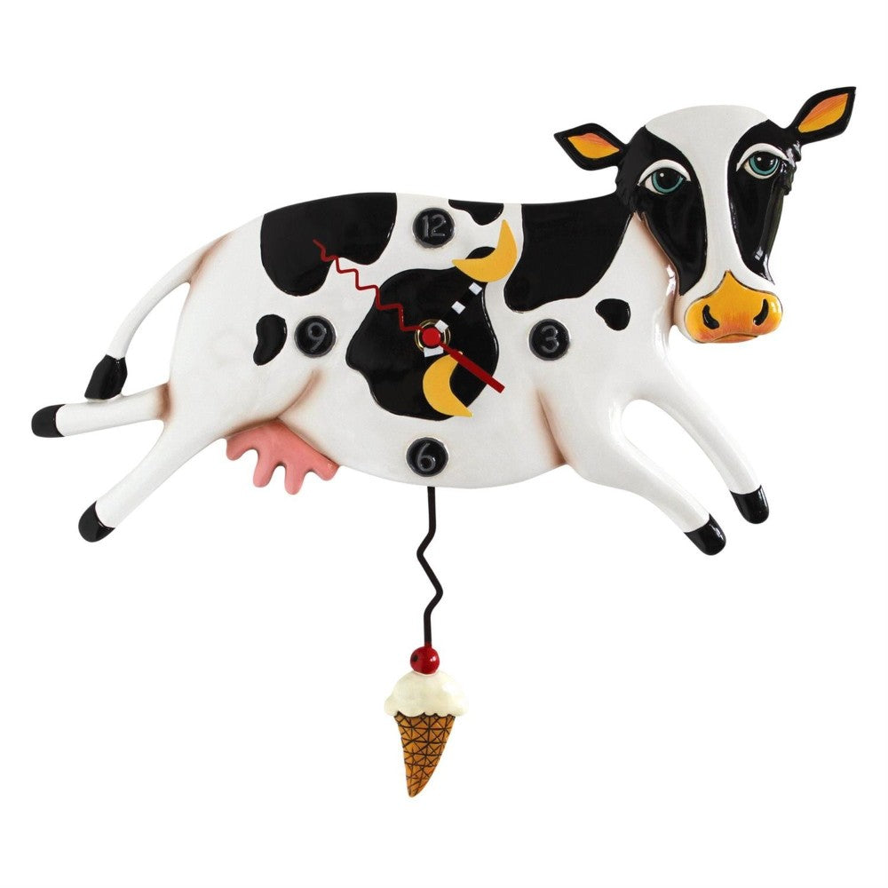 Cow-shaped clock with ice cream pendulum.