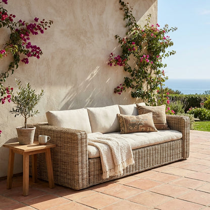 Outdoor patio with wicker sofa, cushions, and blooming bougainvillea.