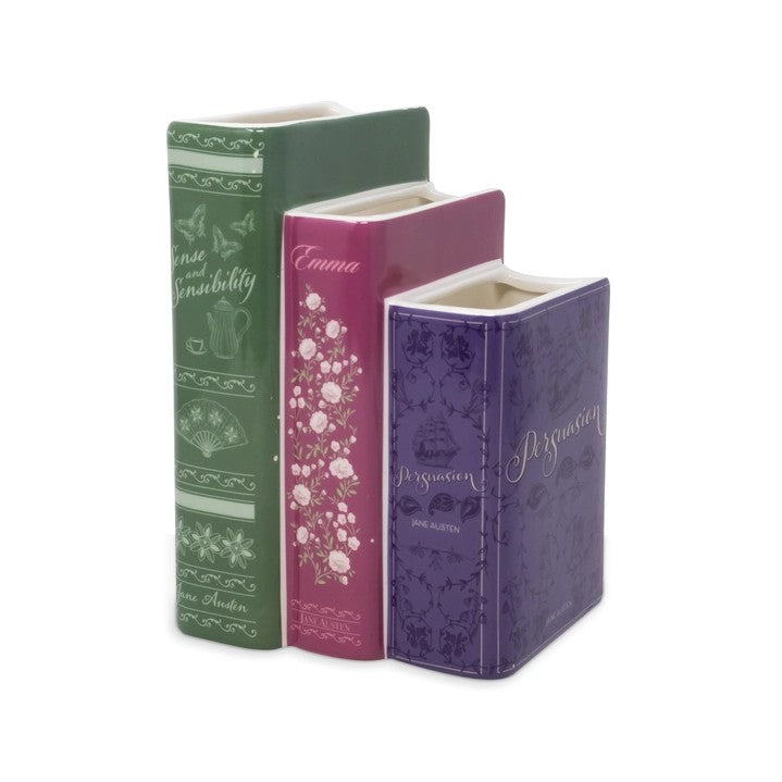 Ceramic book vases styled as classic novels.
