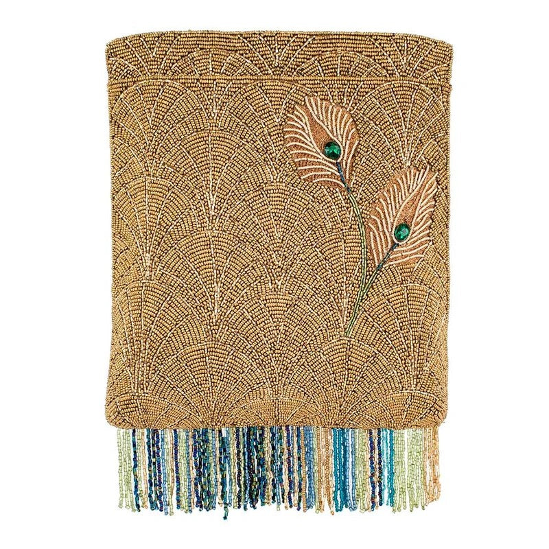 Beaded clutch with peacock feather design and colorful fringe.