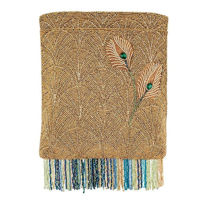 Beaded clutch with peacock feather design and colorful fringe.