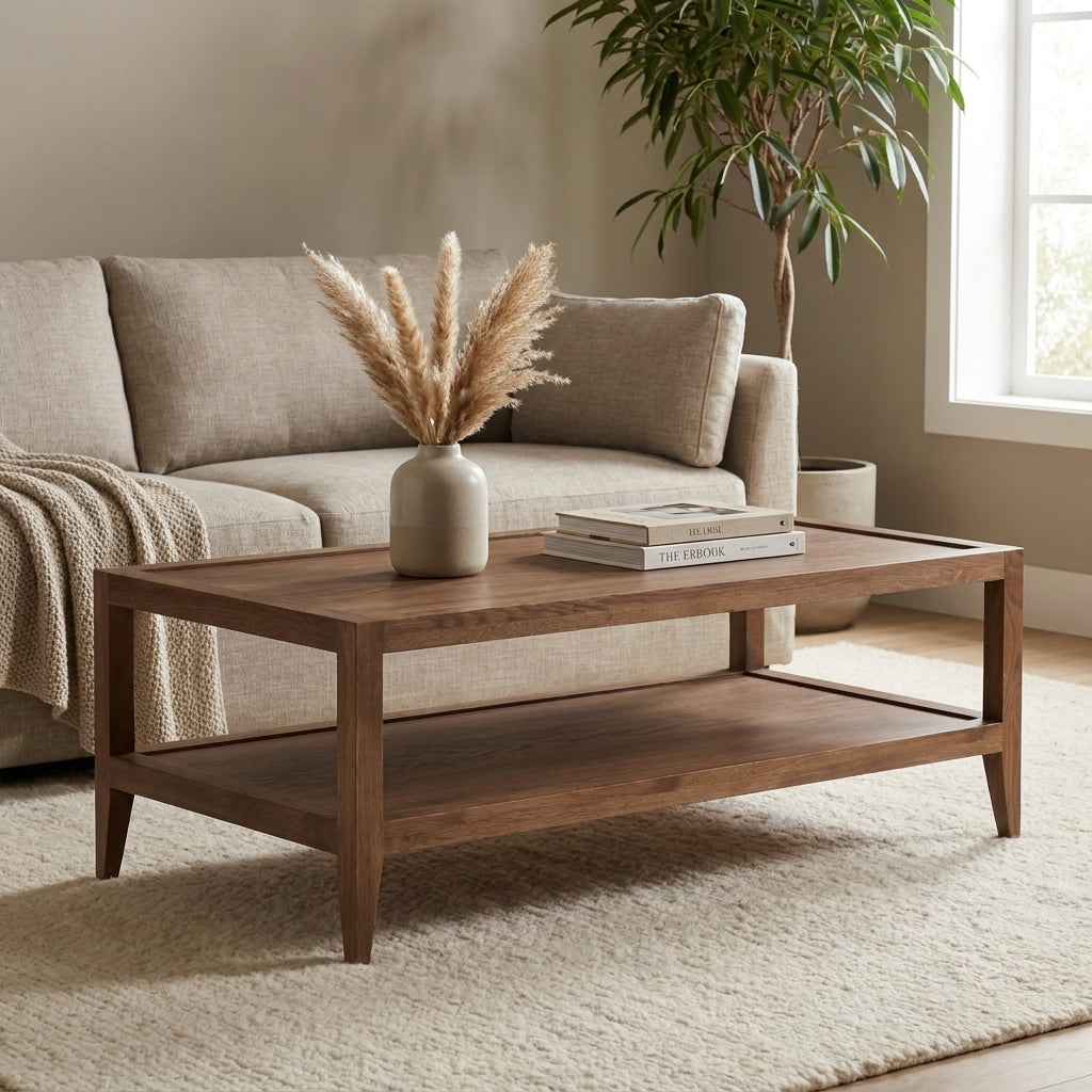Minimalist two-tier wooden coffee table.