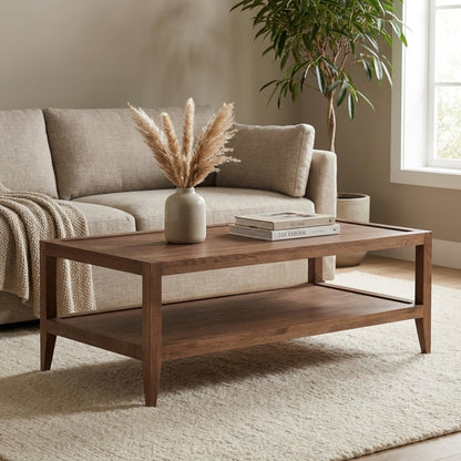 Minimalist two-tier wooden coffee table.