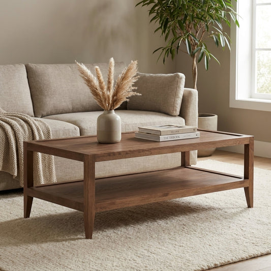 Minimalist two-tier wooden coffee table.