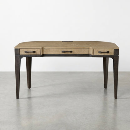 Elegant wooden desk with three drawers and dark tapered legs.