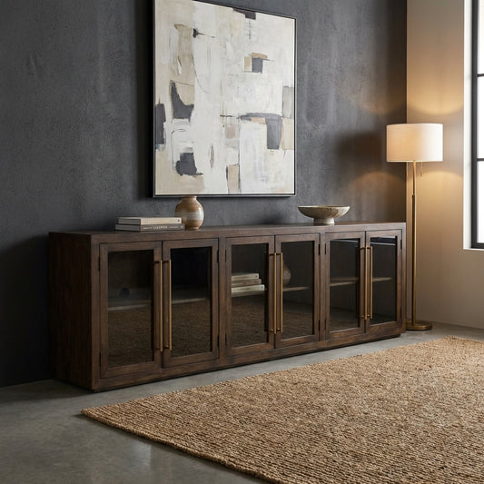 Dark wooden cabinet with five glass-paneled doors.