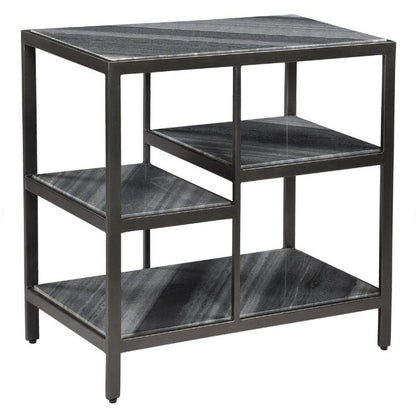 Modern black and grey shelving unit with a geometric design.