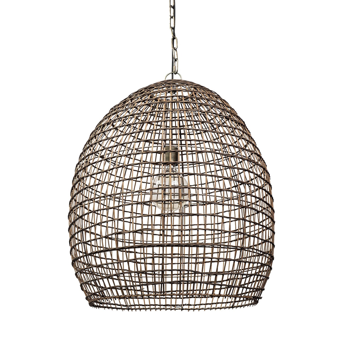 Rattan pendant light with a bulb inside.