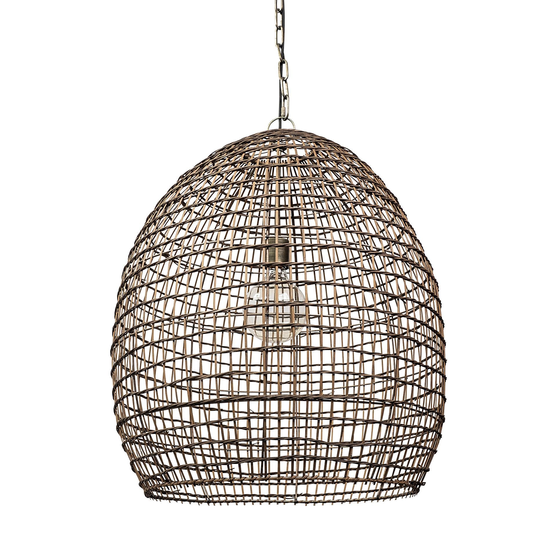 Rattan pendant light with a bulb inside.