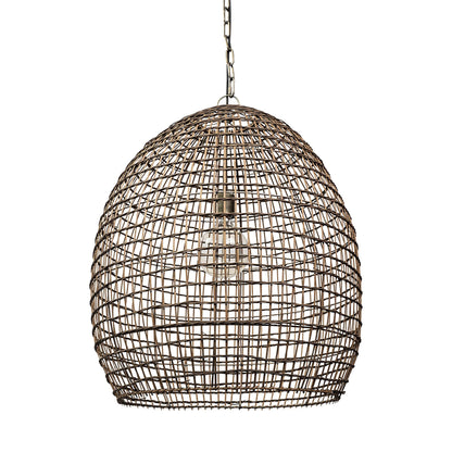 Rattan pendant light with a bulb inside.